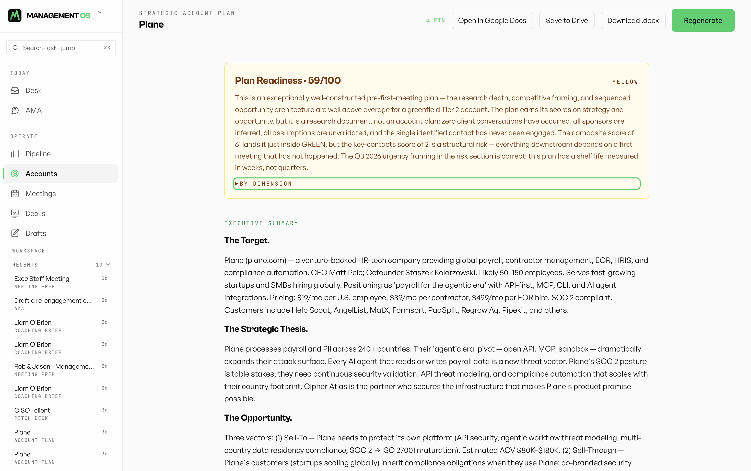 Management OS strategic account plan, board-ready and scored